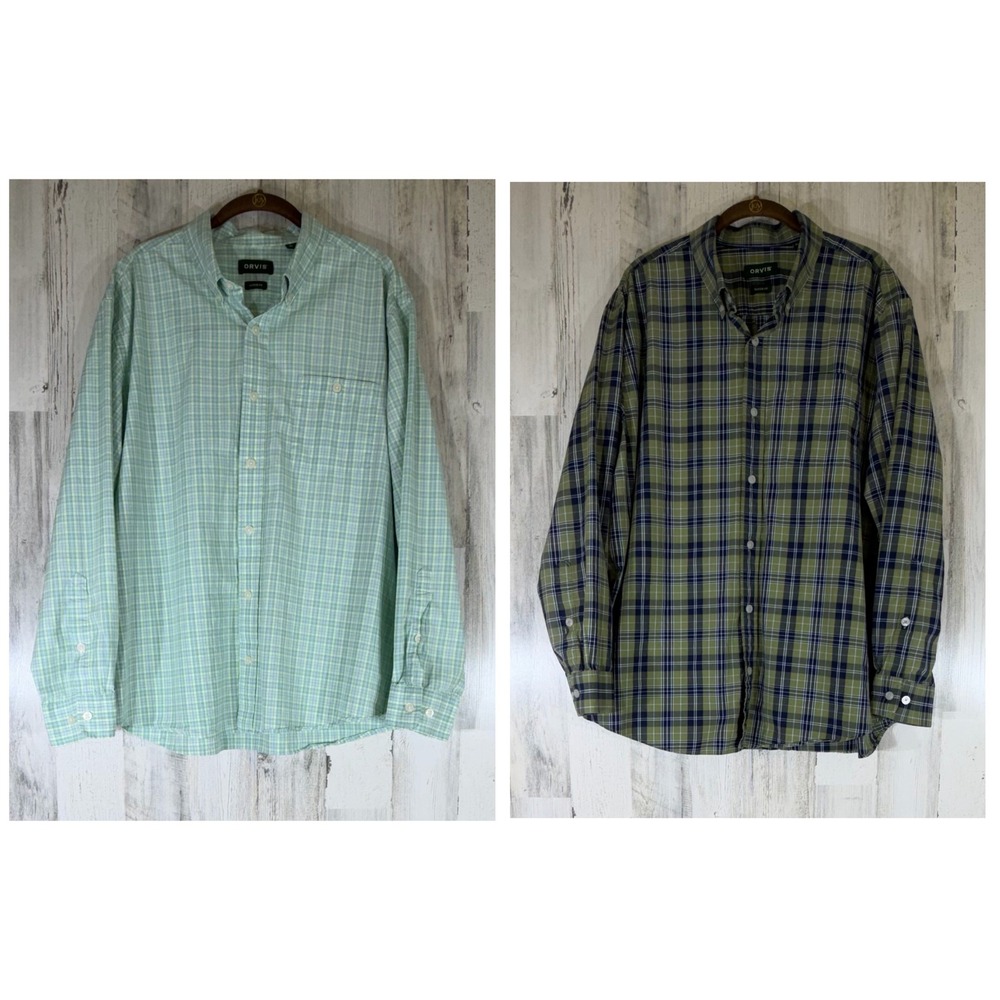 Lot of 2 Orvis Button Down Shirts XL Green Plaid Active Classic Office READ